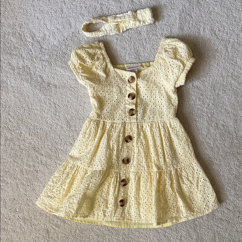 Charming Yellow Eyelet Kids Dress with a matching Headband, size 3T